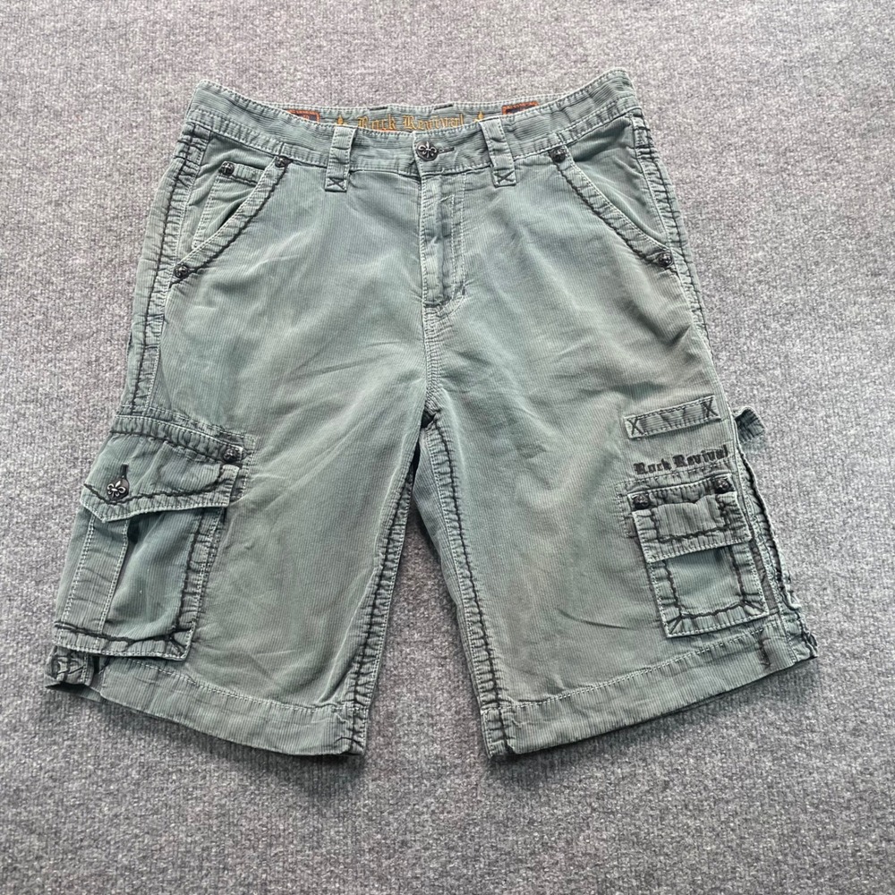 Rock Revival Cargo Shorts Mens 34 Teal Corduroy Embroidered REC047-6